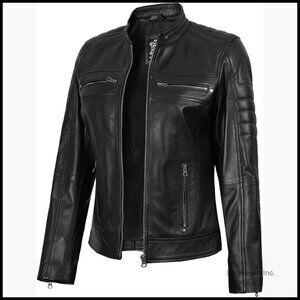 Real Lambskin Leather Jacket with Quilted Shoulders and Elbow Patches
